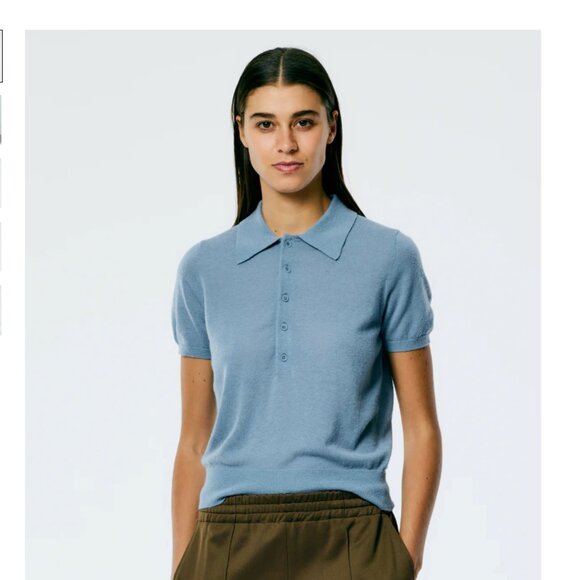 Tibi Skinlike Mercerized Wool Shrunken Polo in Blue Mist - Picture 1 of 8